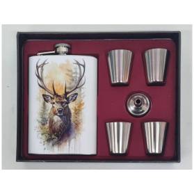 Ploskačka + 4 poháriky v darčekovej kazete s poľovníckym motívom Jeleň