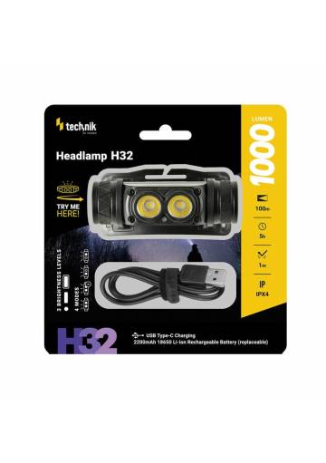 Technik MT-H32 nabíjateľná čelovka - LED OSRAM P9, USB-C, 1000 lúmenov, stroboskop