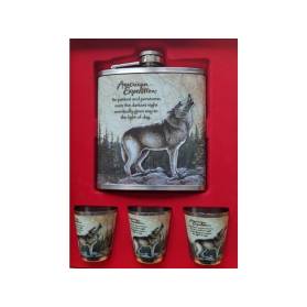 Poľovnícka sada - ploskačka + 3x pohár - darčeková kazeta - vlk